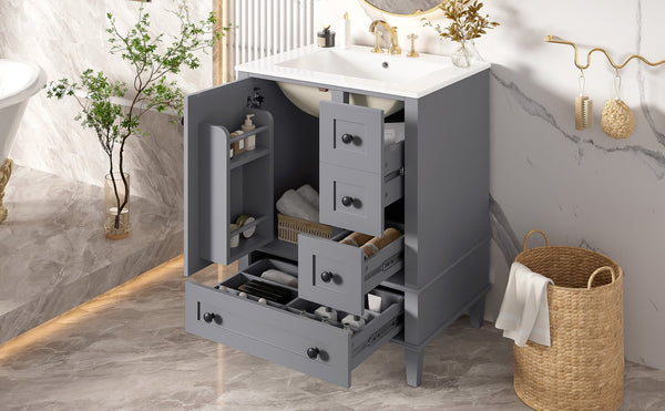English Elm 24-inch Matte Bathroom Vanity Rubberwood Cabinet with Ceramic Sink and Soft-close Drawers Grey N729P377516E