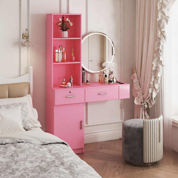 English Elm Pink Modern Hair Desk with Multi-Layer Storage, 2 Drawers & Cabinet, Hair Dryer Ports for Salon/Home W33163007