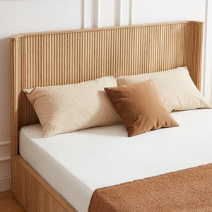 English Elm Natural Fluted Wood Platform Bed Minimalist Queen Frame with Tall Curved Headboard Oak W5219S00004