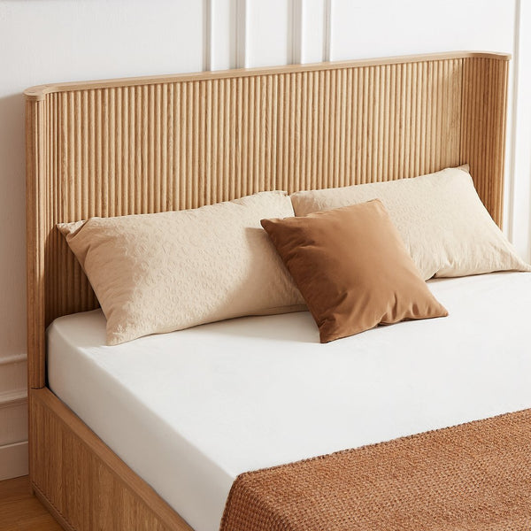 English Elm Natural Fluted Wood Platform Bed Minimalist Queen Frame with Tall Curved Headboard Oak W5219S00004