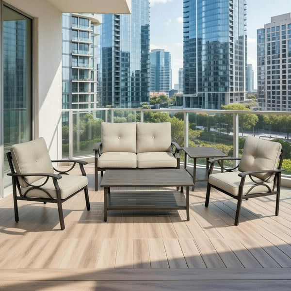 English Elm 5-piece Outdoor Steel Conversation Set with Thick Foam Cushions for Patio or Deck Beige B082S00121
