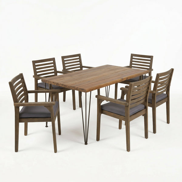 English Elm 7 Piece Acacia Wood Outdoor Dining Set with Iron Hairpin Legs and Wicker Chairs N762S000041AAE