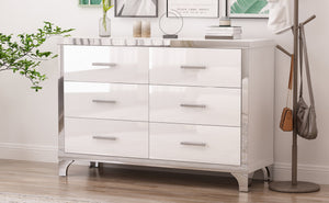English Elm Elegant High Gloss Dresser with Metal Handles and Mirrored Panels, 6-Drawer Space-Saving Storage Solution White 55.71 L x 19.29 W x 10.63 H N733P205355K