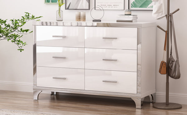 English Elm Elegant High Gloss Dresser with Metal Handles and Mirrored Panels, 6-Drawer Space-Saving Storage Solution White 55.71 L x 19.29 W x 10.63 H N733P205355K