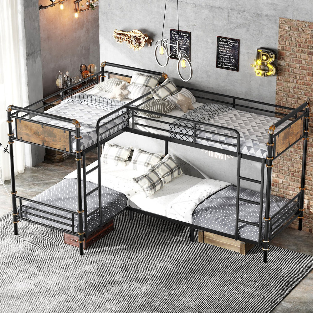 English Elm Quad Quad Bunk Bed for 4 Kids - Heavy Duty Metal Twin Frame, Detachable Triple Layout, Rustic Black Wood Finish, 250lb Capacity Each, Space-Saving Modular Design W2580S00020