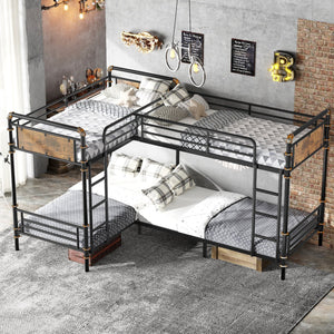 English Elm Quad Quad Bunk Bed for 4 Kids - Heavy Duty Metal Twin Frame, Detachable Triple Layout, Rustic Black Wood Finish, 250lb Capacity Each, Space-Saving Modular Design W2580S00020