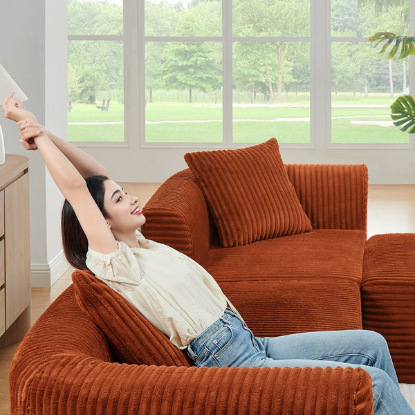 English Elm 114" Cloud Sectional Couch with L-Shape Chaise Modular Corduroy Sofa with Movable Ottoman, No Assembly Required, Plush Comfort for Living Spaces Orange W1117P371653