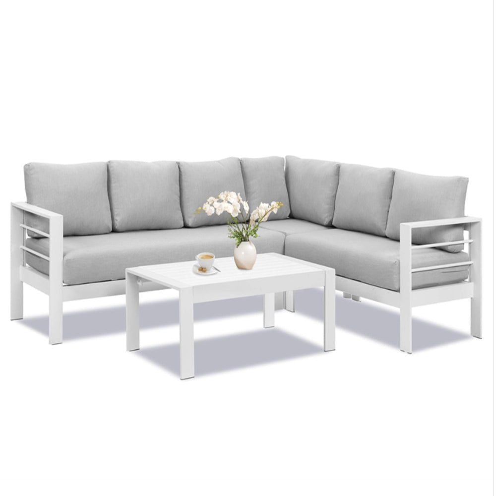 English Elm 4-piece Aluminum Modular Outdoor Sectional Set Seats 7 with Cushions and Wpc Table B082S00081