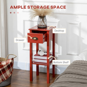 English Elm HOMCOM Narrow 2-Tier Side Table with Drawer and Elevated Shelf — Slim Accent End Table, Sturdy Storage Red W2225P200906
