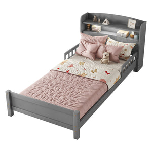 English Elm Twin Pine Wood Bed with Bookcase Headboard LED Motion Sensor Light Guardrails Ample Storage Space Grey W504P277595