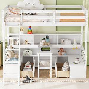 English Elm Twin Low Loft Bed with Pull Out Desk Drawers Cabinet and Shelves for Kids White W697S00034