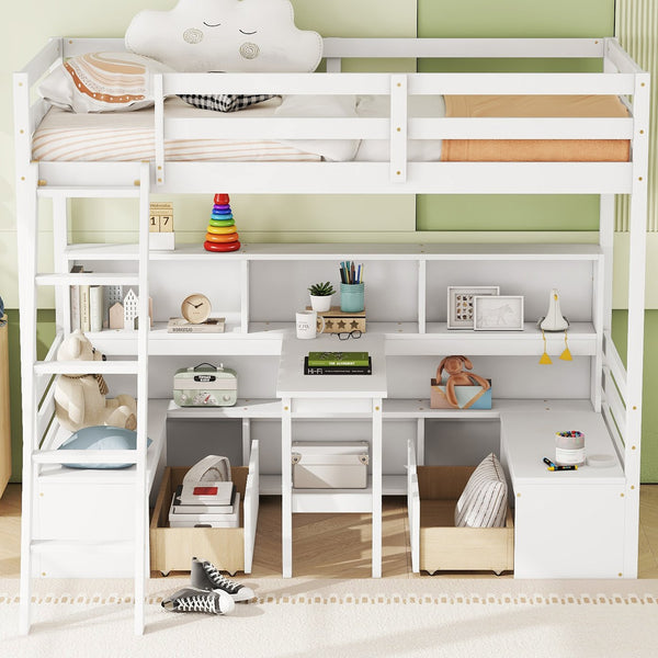 English Elm Twin Low Loft Bed with Pull Out Desk Drawers Cabinet and Shelves for Kids White W697S00034