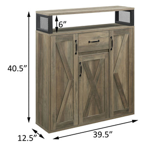 English Elm Rustic Oak Server Cabinet with 3 Barn Doors, Adjustable Shelves, Drawer & Top Shelf Storage for Dining Room (39.5"W) B062P185675