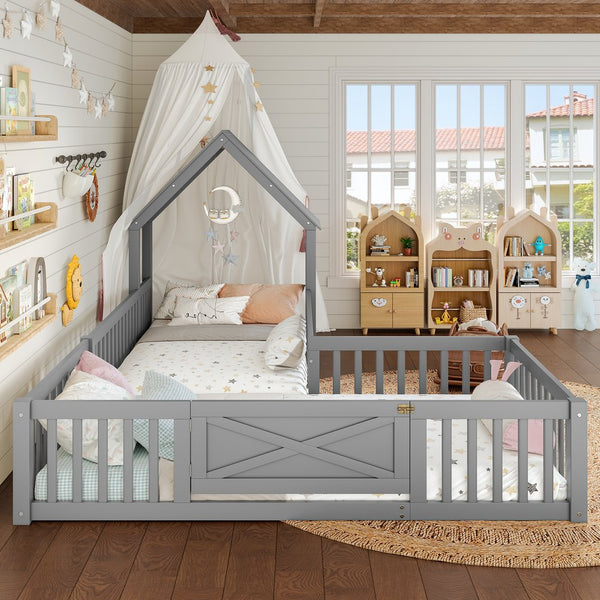English Elm Twin House Floor Bed with Door and Full-Length Guardrails, Solid Wood Double Twin Floor Bed for Kids' Playful Rooms Grey W1580P354638