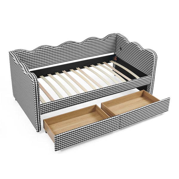English Elm Twin Gingham Linen Daybed with Wave Silhouette Usb Port and Dual Storage Drawers Black W1413S00145