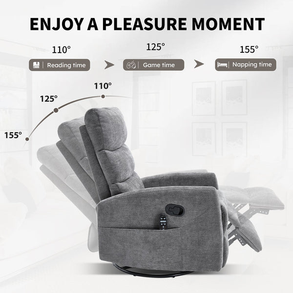 English Elm Heat Massage Rocker Swivel Recliner with 8 Vibrating Nodes Plush Fabric Lounge Chair W3224P322251