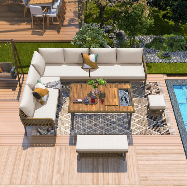 English Elm K&K 6-Piece Rope Patio L-Shaped Sectional Set with Acacia Wood Ice Box Table and Deep Cushions Beige+Brown N707S000014Z