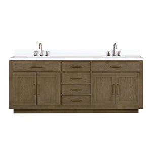 English Elm Grey Oak Double Bath Vanity 84"W x 22"D with White Quartz Top, Chrome Gooseneck Faucets, Soft-Close Drawers B2731P257870