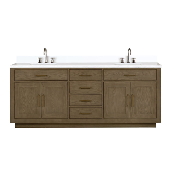 English Elm Grey Oak Double Bath Vanity 84"W x 22"D with White Quartz Top, Chrome Gooseneck Faucets, Soft-Close Drawers B2731P257870