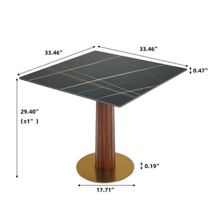 English Elm Modern Square Dining Table - 33.5" Space-Saving Sintered Stone Top With Wooden Legs & Gold Base W1535S00595