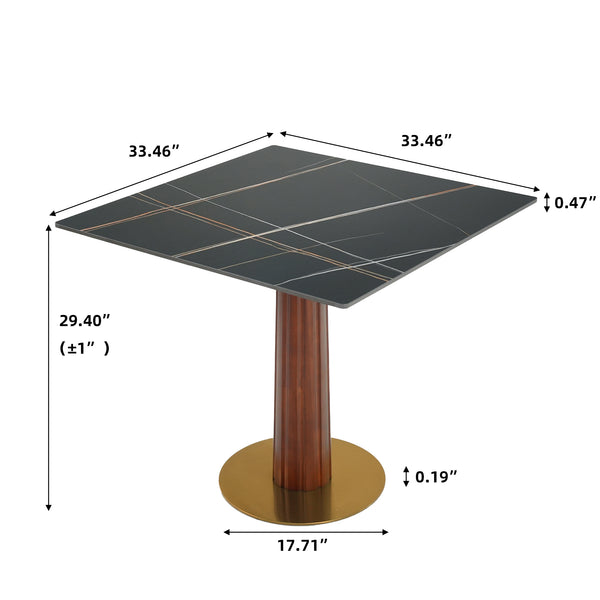 English Elm Modern Square Dining Table - 33.5" Space-Saving Sintered Stone Top With Wooden Legs & Gold Base W1535S00595