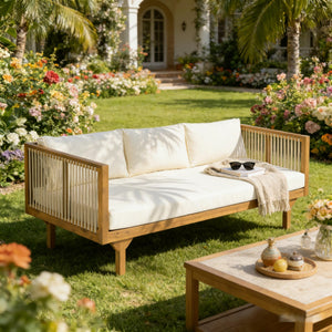 English Elm Outdoor Acacia Wood Sofa with Woven Rope Accents Teak Finish Patio Seating Light Brown,Teak+ Beige N770P354675B
