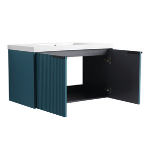 English Elm 36" Floating Bathroom Vanity with Resin Sink, Wavy Doors, Soft-Close Hinges & Durable Plywood Finish Lake Blue W999P251809