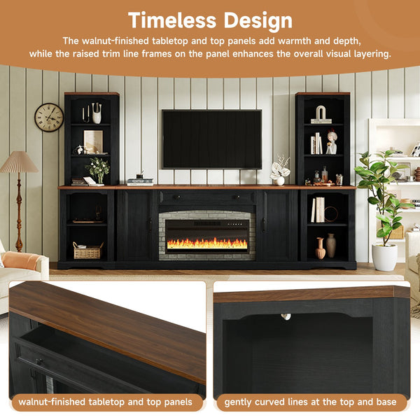 English Elm 3-piece Farmhouse Entertainment Center with Curved Cabinets Walnut Mdf Modular Living Room Black N721S000072B