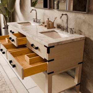 English Elm White Oak Double Bath Vanity With Carrara Marble Top & Chrome Faucet – Elegant Storage Solution B2731P260281-GIGA