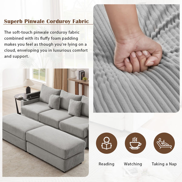 English Elm 95.3" Modern 3-Seater Sectional Sofa With Storage, Usb Ports & Movable Ottomans For Cozy Living Room N719S001613E