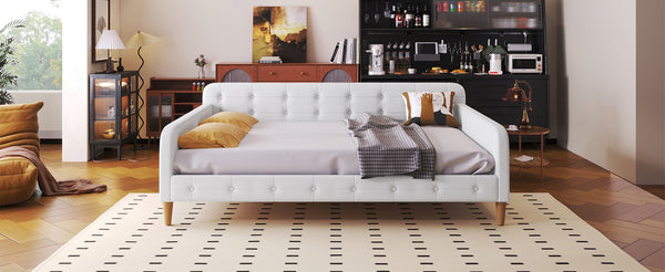 English Elm Full Size Linen Tufted Daybed with Pine Frame for Living or Guest Room Beige DL001825AAK-1