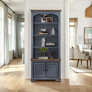 English Elm 84 Inch Americana Bookcase in Corduroy Blue Finish — Fully Assembled Rubberwood & Birch Shelves, Antique Pewter Hardware, Coastal Distressed Charm, 4 Shelves + 2 Doors (84") B108P193073