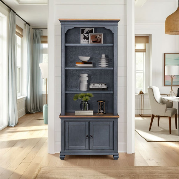 English Elm 84 Inch Americana Bookcase in Corduroy Blue Finish — Fully Assembled Rubberwood & Birch Shelves, Antique Pewter Hardware, Coastal Distressed Charm, 4 Shelves + 2 Doors (84") B108P193073