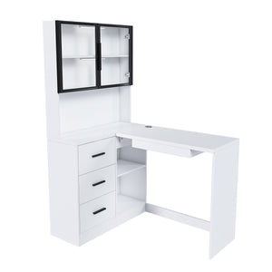 English Elm Computer Corner L-Shaped Desk with Glass Cabinets, Built-In LED, USB Ports, Keyboard Tray, Ergonomic Design White W2699P345803