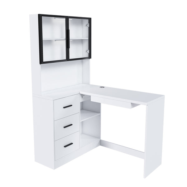 English Elm Computer Corner L-Shaped Desk with Glass Cabinets, Built-In LED, USB Ports, Keyboard Tray, Ergonomic Design White W2699P345803