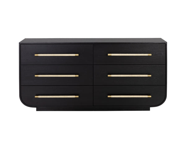 Sunpan Tarrant Dresser - Modern Black Oak Design with Raffia Wrapped Handles and Elegant Curves for Style