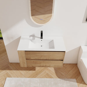 English Elm 36" Wall Mounting Bathroom Vanity With Ceramic Sink, Side Adjustable Shelf, Soft-Close Drawers, Water-Resistant Plywood Finish W999S00142