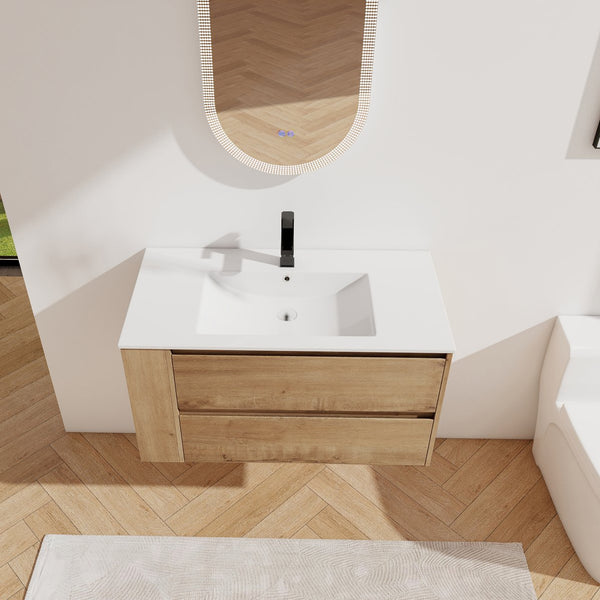 English Elm 36" Wall Mounting Bathroom Vanity With Ceramic Sink, Side Adjustable Shelf, Soft-Close Drawers, Water-Resistant Plywood Finish W999S00142
