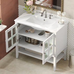 English Elm Christopher Knight Home® - 36" Bathroom Vanity with Ceramic Sink, Solid Wood Legs, Waterproof Finish, Soft-Close Hinges, Open Shelf, Silver Knobs White N817P286249W