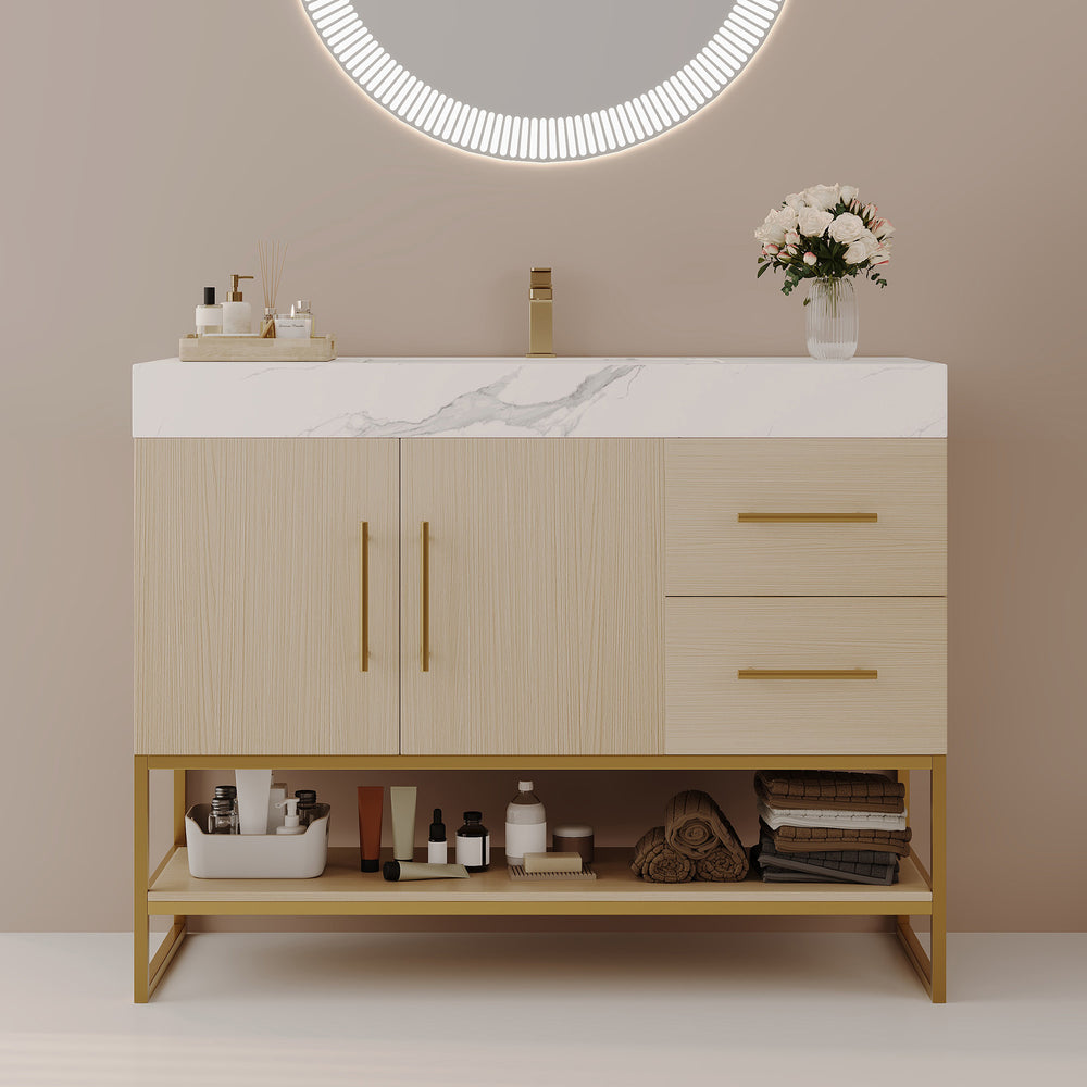 English Elm 36" Freestanding Bathroom Vanity Sintered Stone Top Gold Hardware Wood Cabinet W3136S00055