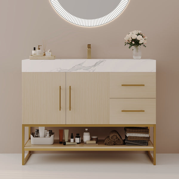 English Elm 36" Freestanding Bathroom Vanity Sintered Stone Top Gold Hardware Wood Cabinet W3136S00055