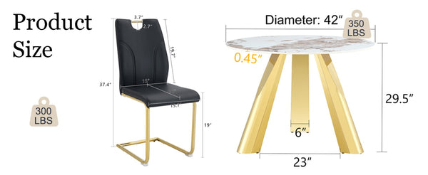English Elm Table 5-Piece Dining Set: 42-Inch White Imitation Marble Round Top With 4 Chic Black Chairs & Gold Legs W2920S00051-GIGA