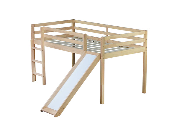 English Elm Twin Low Loft Bed with Slide and Ladder for Kids, Rubberwood Frame, Safety Guardrails & Playspace White Oak W504P218527