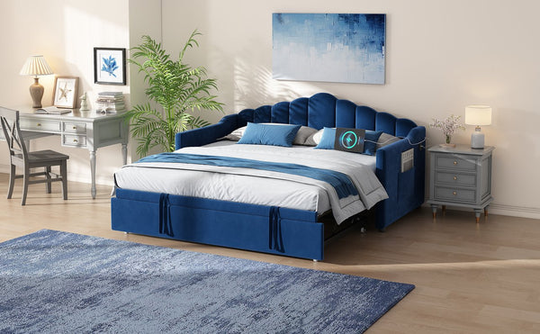 English Elm Upholstered Twin Daybed with Pop-Up Trundle, Built-In USB Type-C Charger, Side Pockets, Velvet Frame Blue 77.25 L x 17.25 W x 5.31 H N733S285118C