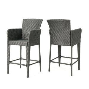 English Elm Christopher Knight Home® - ANAYA Outdoor Wicker Barstool Set of 2 — Weatherproof PE Wicker with Powder-Coated Iron Frames Grey 58896.00GRY