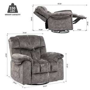 English Elm Swivel Recliner Chair with 8-Point Massage, Lumbar Heat, 360° Swivel, Rocking, USB & Cup Holders Grey W1403P172912