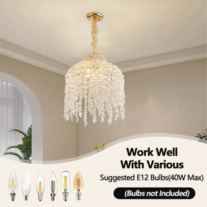 English Elm 16 5-Light Crystal Pendant Chandelier Gold Finish, Waterfall Grape Bead Design, Adjustable 80cm Height for Living Room W2312P368719
