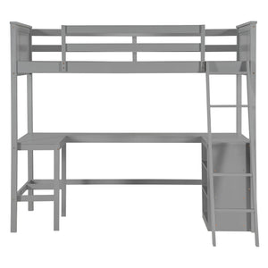 English Elm Twin Loft Bed with Built-in Desk and Open Shelves Solid Pine Kids Study Sleep Gray LT001537AAE-1
