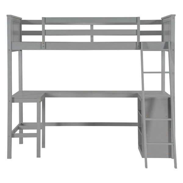 English Elm Twin Loft Bed with Built-in Desk and Open Shelves Solid Pine Kids Study Sleep Gray LT001537AAE-1