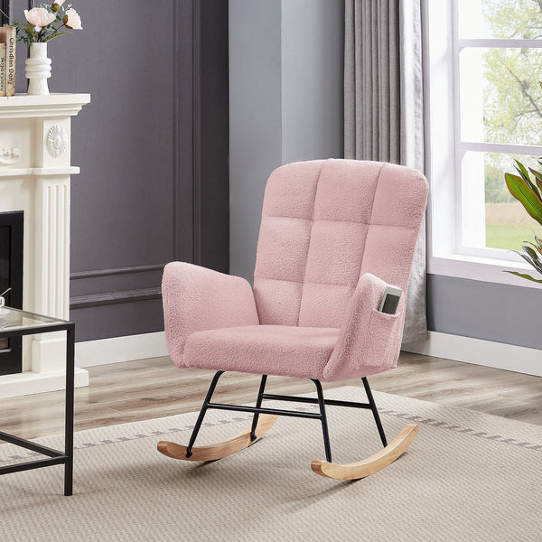 English Elm Cream Plush Teddy Fabric Rocking Armchair with High Back Support for Nursery Pink W3985P404155